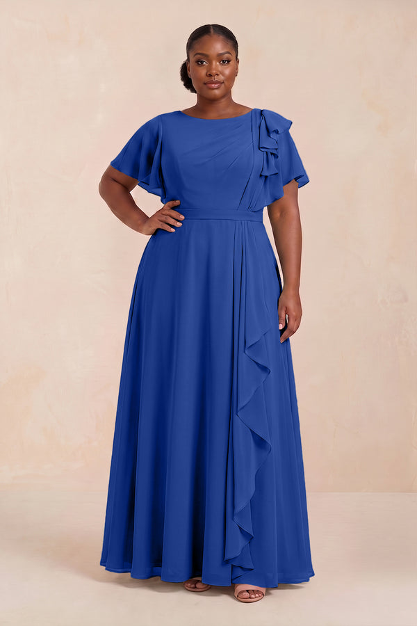 Royal Blue Short Sleeves Bateau A-Line Chiffon Bridesmaid Dress (3) [sizeplus] | KISSBRIDAL