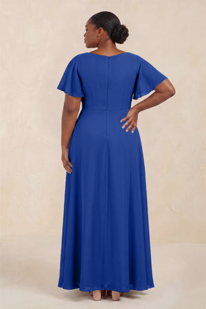 Royal Blue Short Sleeves Bateau A-Line Chiffon Bridesmaid Dress (4) [sizeplus] | KISSBRIDAL