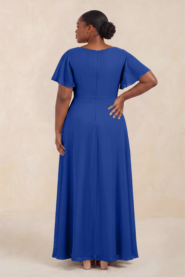 Royal Blue Short Sleeves Bateau A-Line Chiffon Bridesmaid Dress (4) [sizeplus] | KISSBRIDAL