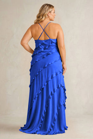 Royal Blue Spaghetti Straps Sheath Stain Ruffled Bridesmaid Dress (2) | KISSBRIDAL[sizeplus]