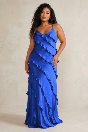 Royal Blue Spaghetti Straps Sheath Stain Ruffled Bridesmaid Dress (3) | KISSBRIDAL[sizeplus]