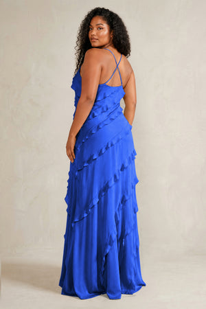 Royal Blue Spaghetti Straps Sheath Stain Ruffled Bridesmaid Dress (4) | KISSBRIDAL[sizeplus]