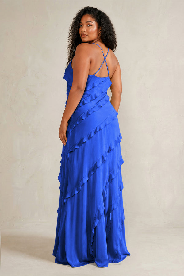 Royal Blue Spaghetti Straps Sheath Stain Ruffled Bridesmaid Dress (4) | KISSBRIDAL[sizeplus]