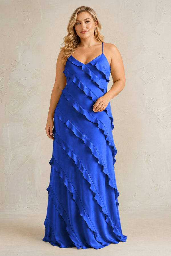 Royal Blue Spaghetti Straps Sheath Stain Ruffled Bridesmaid Dress | KISSBRIDAL[sizeplus]