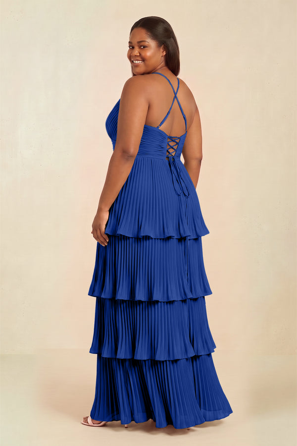 Royal Blue Tiered Pleated V-Neck A-Line Chiffon Bridesmaid Dress (2) [sizeplus] | KISSBRIDAL