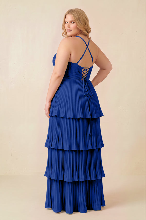 Royal Blue Tiered Pleated V-Neck A-Line Chiffon Bridesmaid Dress (4) [sizeplus] | KISSBRIDAL