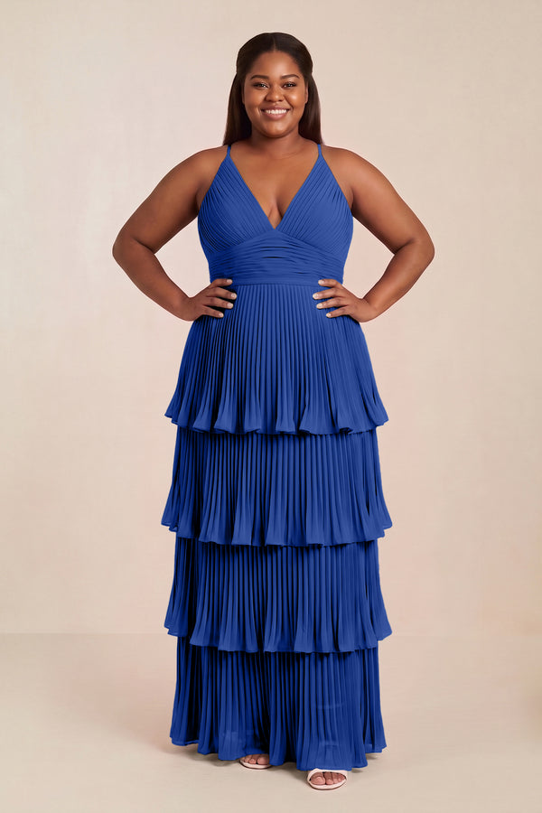 Royal Blue Tiered Pleated V-Neck A-Line Chiffon Bridesmaid Dress [sizeplus] | KISSBRIDAL