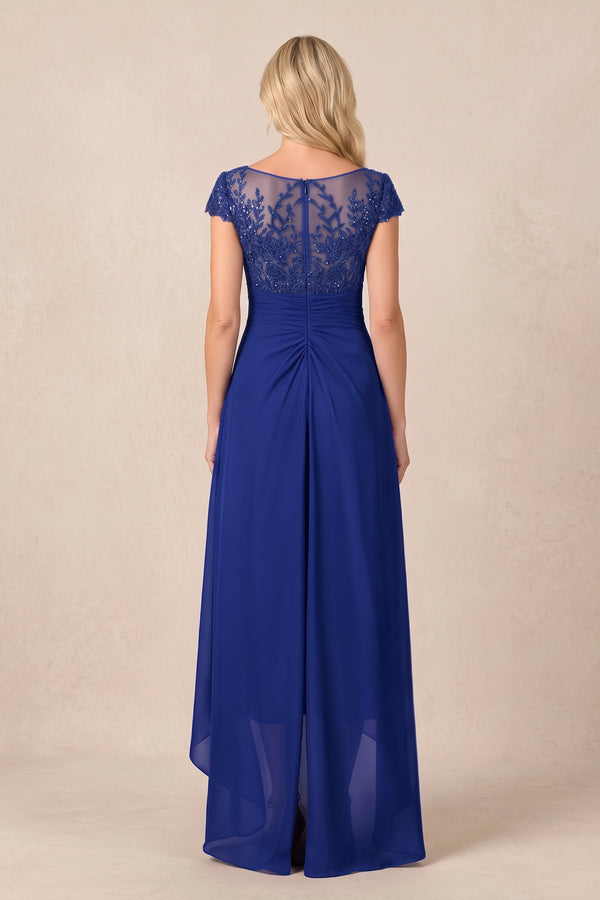 Royal Blue V-Neck Chiffon A-Line Embroidered Ruched Mother of the Bride Dress (2) | KISSBRIDAL