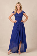 Royal Blue V-Neck Chiffon A-Line Embroidered Ruched Mother of the Bride Dress | KISSBRIDAL