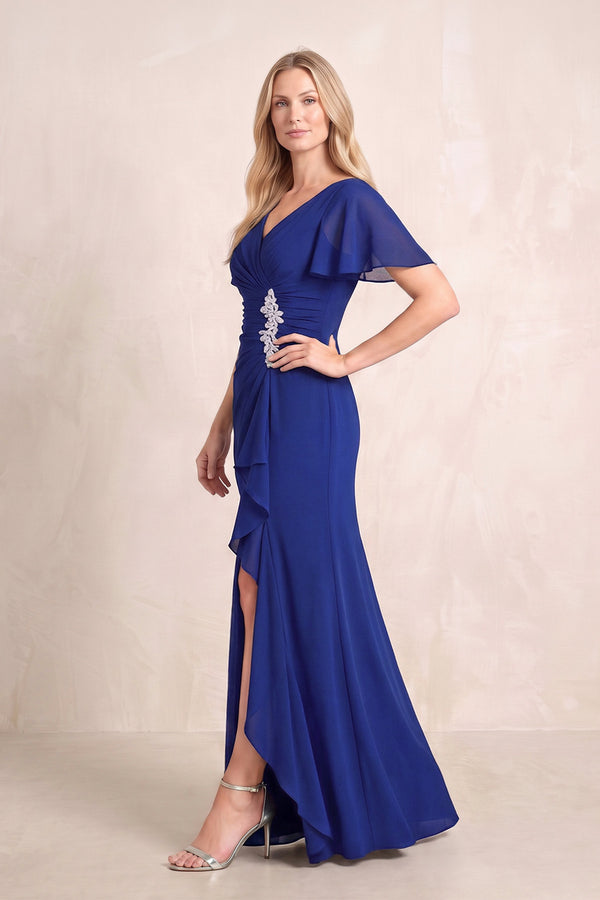 Royal Blue V-Neck Sheath Chiffon Ruffled Short Sleeves Mother of the Bride Dress with Slit (3) | KISSBRIDAL