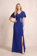Royal Blue V-Neck Sheath Chiffon Ruffled Short Sleeves Mother of the Bride Dress with Slit | KISSBRIDAL