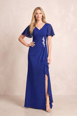 Royal Blue V-Neck Sheath Chiffon Ruffled Short Sleeves Mother of the Bride Dress with Slit | KISSBRIDAL