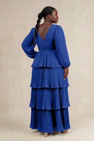 Royal Blue V-Neck Tiered A-Line Long Sleeve Bridesmaid Dress (2) [sizeplus] | KISSBRIDAL