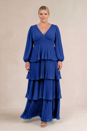 Royal Blue V-Neck Tiered A-Line Long Sleeve Bridesmaid Dress (3) [sizeplus] | KISSBRIDAL