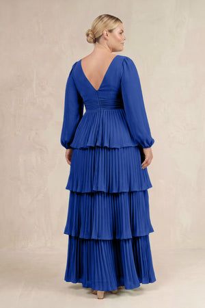 Royal Blue V-Neck Tiered A-Line Long Sleeve Bridesmaid Dress (4) [sizeplus] | KISSBRIDAL