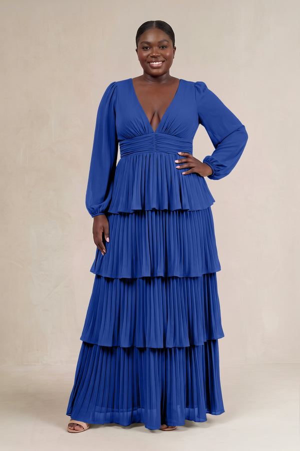 Royal Blue V-Neck Tiered A-Line Long Sleeve Bridesmaid Dress [sizeplus] | KISSBRIDAL