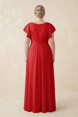 Ruby Red Cap Sleeve Ruffled A-Line Chiffon Bridesmaid Dress (2) | KISSBRIDAL