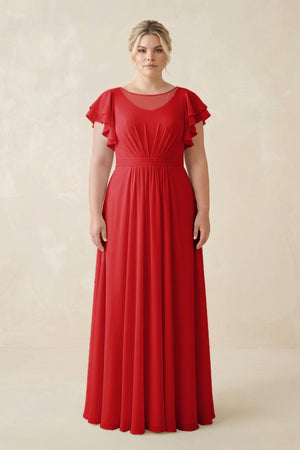 Ruby Red Cap Sleeve Ruffled A-Line Chiffon Bridesmaid Dress | KISSBRIDAL