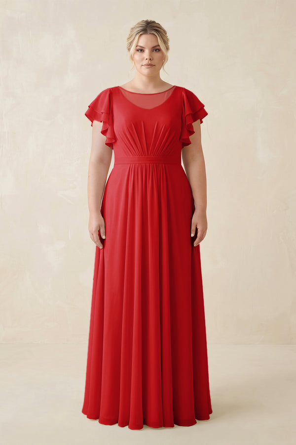 Ruby Red Cap Sleeve Ruffled A-Line Chiffon Bridesmaid Dress | KISSBRIDAL