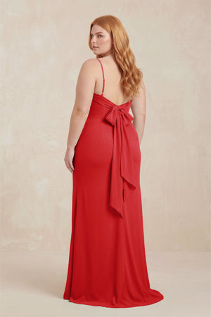 Ruby Red Cowl Neck Sheath Chiffon Bridesmaid Dress with Corset (2) | KISSBRIDAL