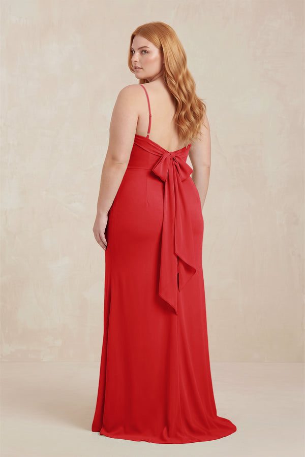 Ruby Red Cowl Neck Sheath Chiffon Bridesmaid Dress with Corset (2) | KISSBRIDAL