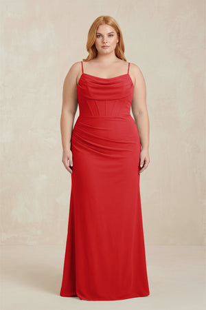 Ruby Red Cowl Neck Sheath Chiffon Bridesmaid Dress with Corset | KISSBRIDAL