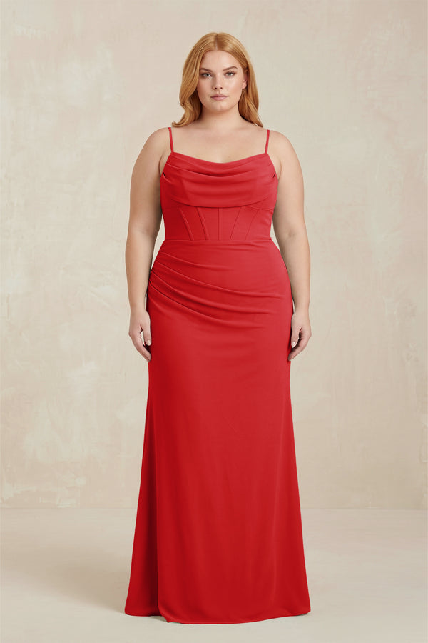 Ruby Red Cowl Neck Sheath Chiffon Bridesmaid Dress with Corset | KISSBRIDAL