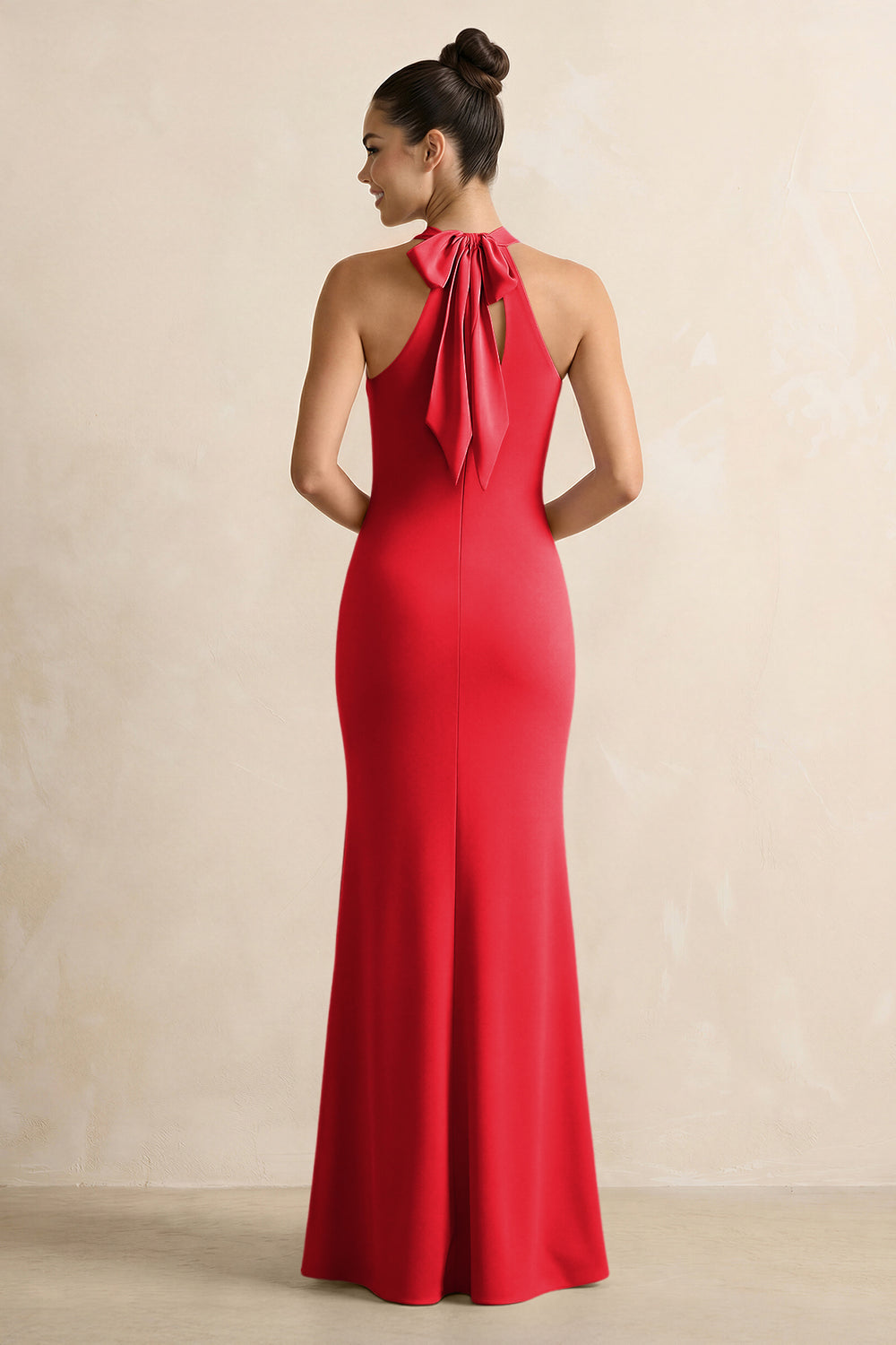 Crisscross Halter Sheath Satin Bridesmaid Dress with Bow in Ruby Red