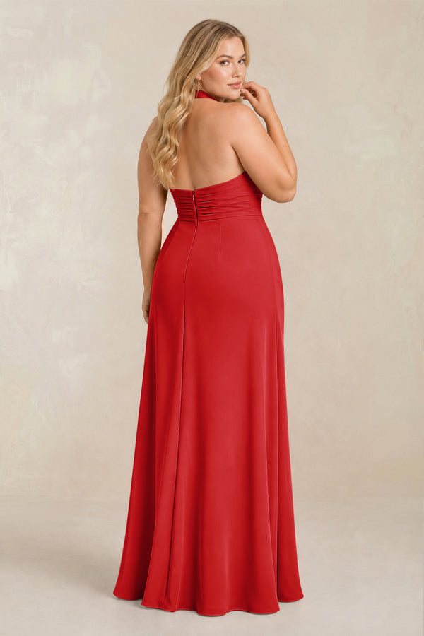 Ruby Red High Neck Chiffon Sheath Ruched Bridesmaid Dress (2) [sizeplus] | KISSBRIDAL