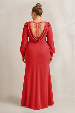 Ruby Red Long Sleeve V-Neck Sheath Chiffon Bridesmaid Dress (2) [sizeplus] | KISSBRIDAL