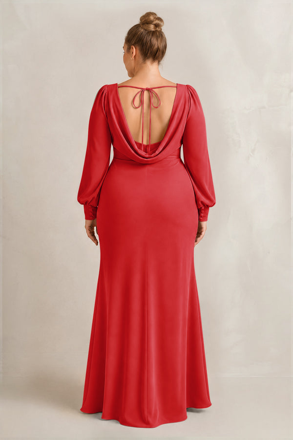 Ruby Red Long Sleeve V-Neck Sheath Chiffon Bridesmaid Dress (2) [sizeplus] | KISSBRIDAL