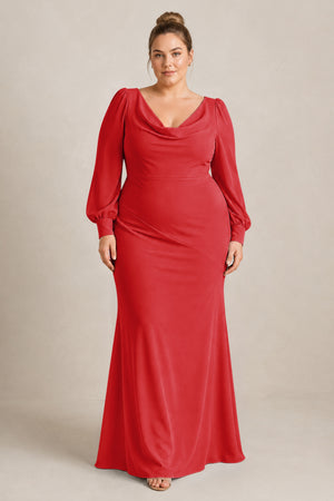 Ruby Red Long Sleeve V-Neck Sheath Chiffon Bridesmaid Dress [sizeplus] | KISSBRIDAL
