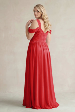 Ruby Red Off-the-Shoulder A-Line Chiffon Bridesmaid Dress With Slit (2) | KISSBRIDAL