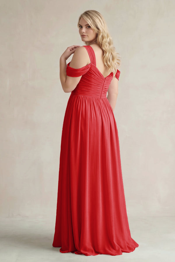 Ruby Red Off-the-Shoulder A-Line Chiffon Bridesmaid Dress With Slit (2) | KISSBRIDAL