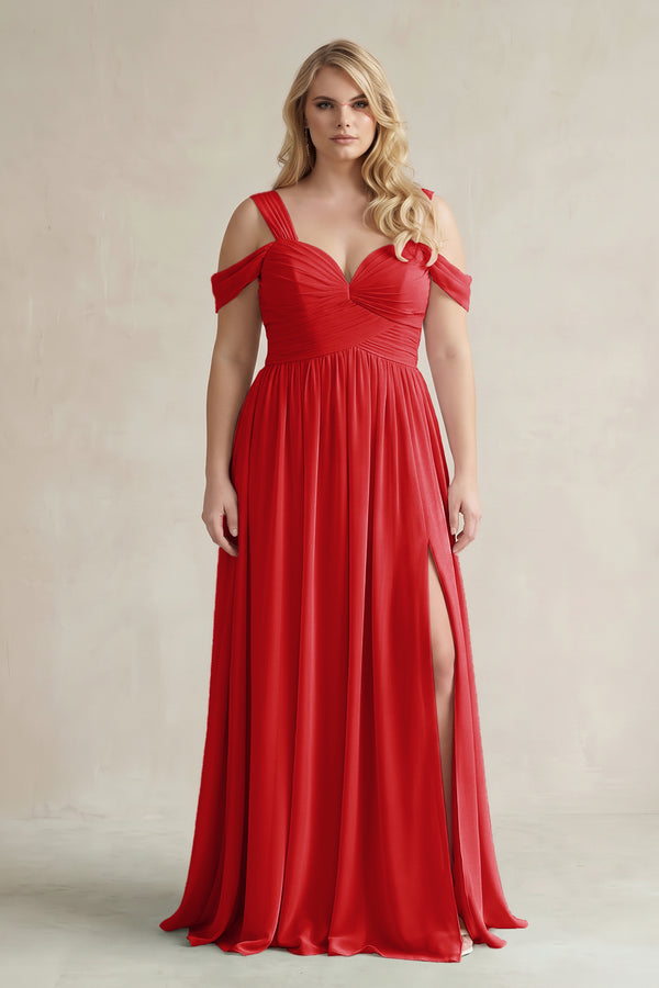 Ruby Red Off-the-Shoulder A-Line Chiffon Bridesmaid Dress With Slit | KISSBRIDAL