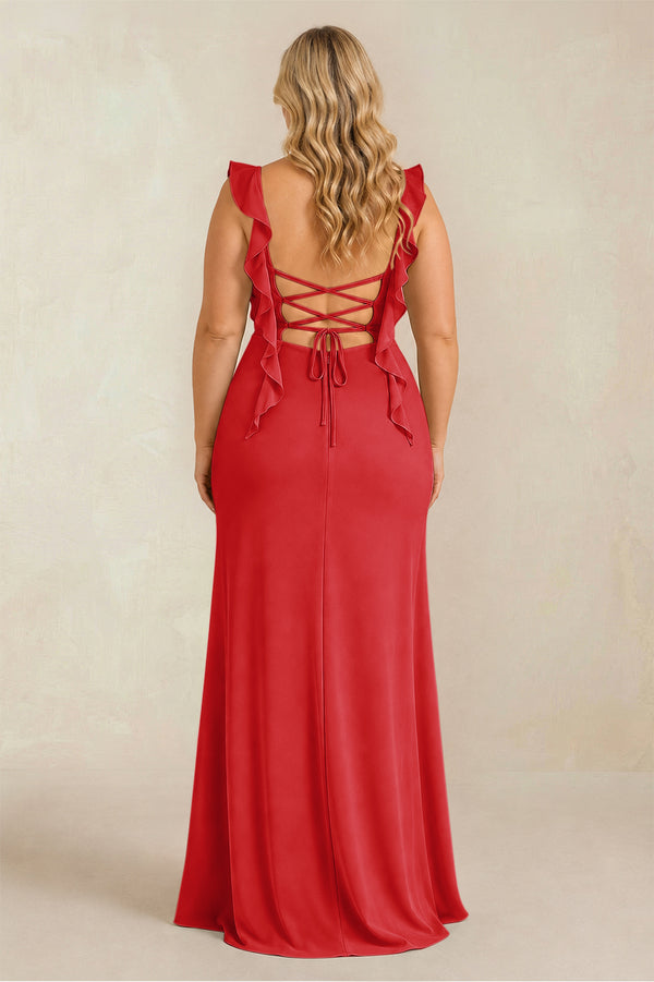 Ruby Red Ruffled Sleeve Ruched Sheath Chiffon Bridesmaid Dress (2) [sizeplus] | KISSBRIDAL