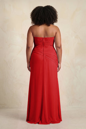 Ruby Red Sheath Chiffon Strapless Pleated Bridesmaid Dress (2) | KISSBRIDAL[sizeplus]