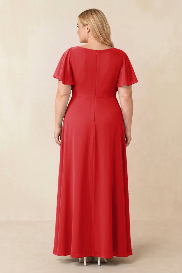 Ruby Red Short Sleeves Bateau A-Line Chiffon Bridesmaid Dress (2) [sizeplus] | KISSBRIDAL