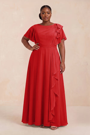 Ruby Red Short Sleeves Bateau A-Line Chiffon Bridesmaid Dress (3) [sizeplus] | KISSBRIDAL