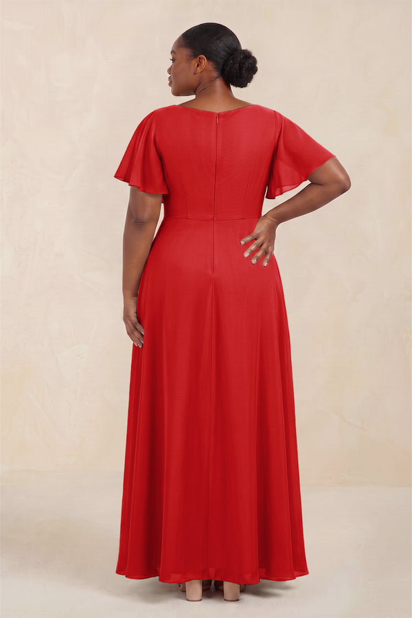 Ruby Red Short Sleeves Bateau A-Line Chiffon Bridesmaid Dress (4) [sizeplus] | KISSBRIDAL