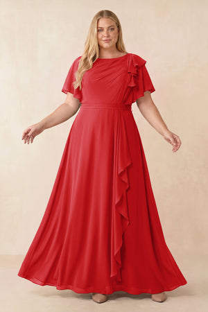 Ruby Red Short Sleeves Bateau A-Line Chiffon Bridesmaid Dress [sizeplus] | KISSBRIDAL