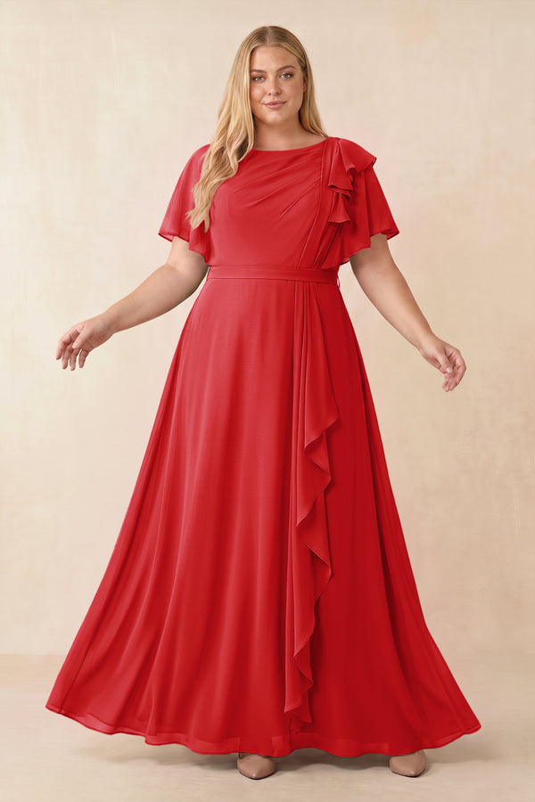 Ruby Red Short Sleeves Bateau A-Line Chiffon Bridesmaid Dress [sizeplus] | KISSBRIDAL
