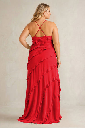Ruby Red Spaghetti Straps Sheath Stain Ruffled Bridesmaid Dress (2) | KISSBRIDAL[sizeplus]