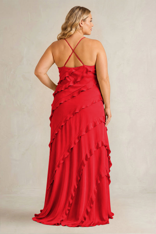 Ruby Red Spaghetti Straps Sheath Stain Ruffled Bridesmaid Dress (2) | KISSBRIDAL[sizeplus]