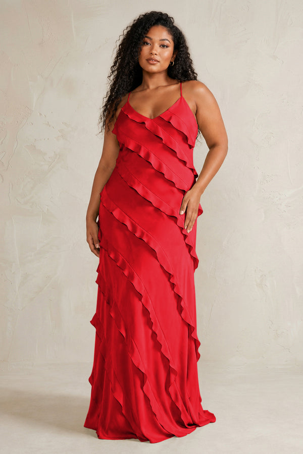 Ruby Red Spaghetti Straps Sheath Stain Ruffled Bridesmaid Dress (3) | KISSBRIDAL[sizeplus]