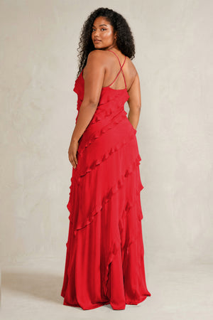 Ruby Red Spaghetti Straps Sheath Stain Ruffled Bridesmaid Dress (4) | KISSBRIDAL[sizeplus]