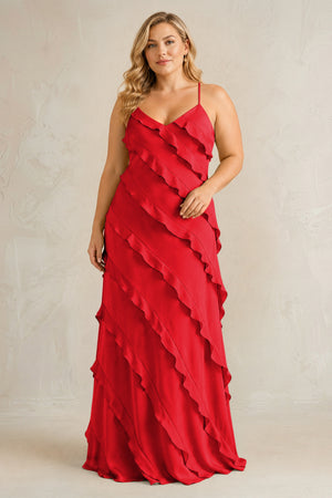 Ruby Red Spaghetti Straps Sheath Stain Ruffled Bridesmaid Dress | KISSBRIDAL[sizeplus]