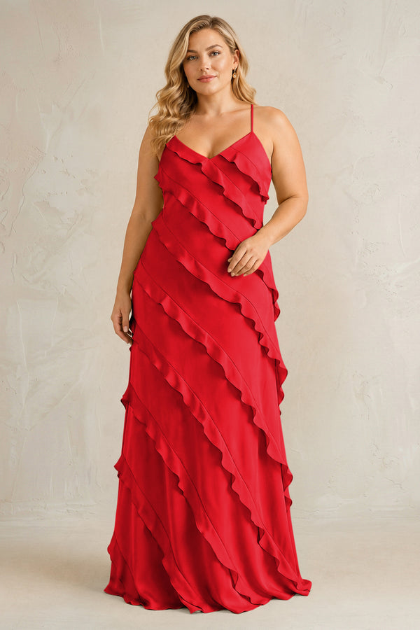 Ruby Red Spaghetti Straps Sheath Stain Ruffled Bridesmaid Dress | KISSBRIDAL[sizeplus]