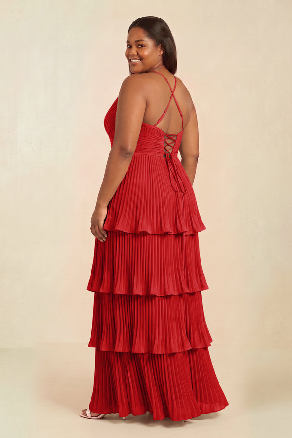 Ruby Red Tiered Pleated V-Neck A-Line Chiffon Bridesmaid Dress (2) [sizeplus] | KISSBRIDAL