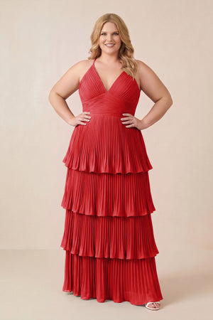 Ruby Red Tiered Pleated V-Neck A-Line Chiffon Bridesmaid Dress (3) [sizeplus] | KISSBRIDAL